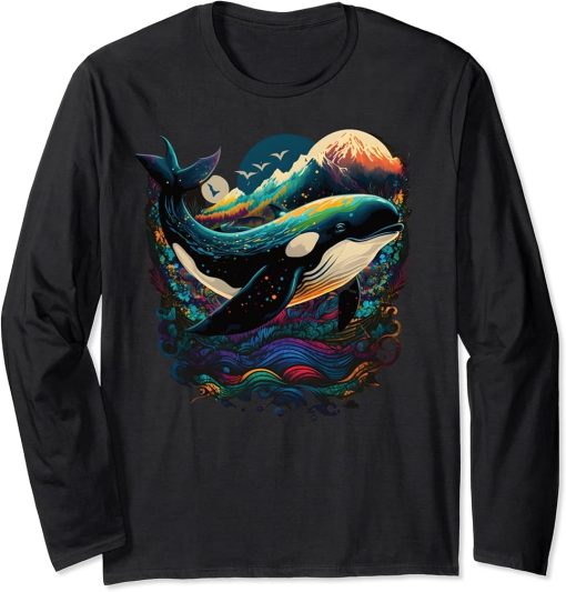 Colourful mystical orca whale watching dolphin pottwhale orca whale Long Sleeve T-Shirt