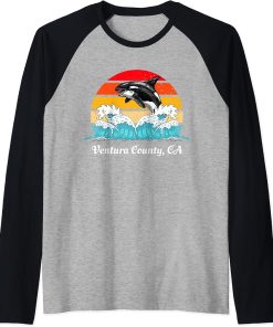 Ventura County CA Vintage Distressed Orca Killer Whale Art Raglan Baseball Tee