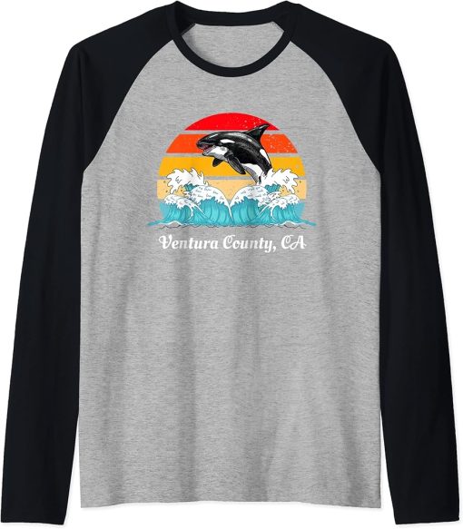 Ventura County CA Vintage Distressed Orca Killer Whale Art Raglan Baseball Tee